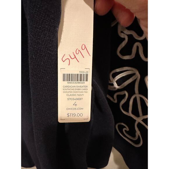 🆕 CHICOS | Navy Blue White Embroidered Sleeve Open Sweater Cardigan | XXL - Picture 8 of 8